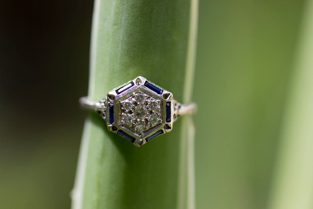 Hexagon Diamond & Sapphire Ring